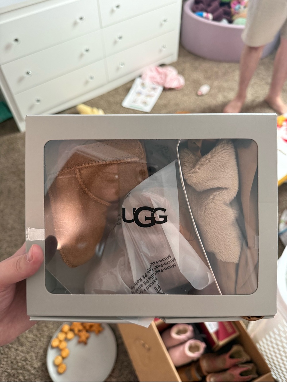 UGG Baby Walker Boots in Chestnut with baby blanket